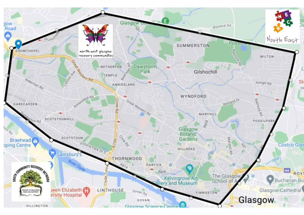 An image of a map showing the area covered by North West Recovery Outreach Service